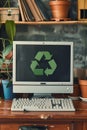 Desktop computer with green recycle symbol emphasizes importance of recycling electronic devices. Royalty Free Stock Photo