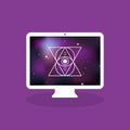 Desktop computer icon with esoteric symbol. Vector illustration, flat design Royalty Free Stock Photo