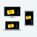 Desktop computer, laptop and tablet with locks and signs saying keep out on their screens. Vector Royalty Free Stock Photo