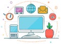 Desktop Computer with Mobile Phone, Globe, Mail and Plant Illustration for Web Royalty Free Stock Photo