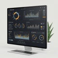 A desktop computer monitor displays a data analytics dashboard with various charts Royalty Free Stock Photo