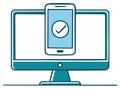 Desktop computer monitor showcasing a mobile phone screen with check mark icon demonstrating sync process digital illustration Royalty Free Stock Photo