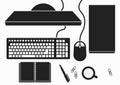 Desktop with Computer PC , keyboard , mouse , case , disk drive , monitor screen , book , pen , cup , paper clip ) ( Silhouette )