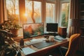 A desktop computer is placed on top of a sturdy wooden desk, creating a functional workspace, Convenience and flexibility in Royalty Free Stock Photo