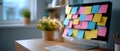 Computer monitor covered with colorful sticky notes on desk with blurred background of flowers and window Royalty Free Stock Photo