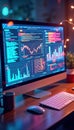 Desktop computer screen shows vibrant coding data, stock charts. Modern tech tools. Digital art piece. Abstract concept for web Royalty Free Stock Photo