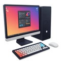 Desktop computer setup features a widescreen monitor displaying a colorful gradient Royalty Free Stock Photo