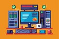 A desktop computer setup featuring a monitor, keyboard, CPU, and various accessories arranged on a vibrant orange background Royalty Free Stock Photo