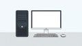 Desktop computer setup featuring a tower PC, a widescreen monitor, a keyboard, Royalty Free Stock Photo