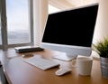Desktop computer setup, including accessories like keyboard and mouse, representing office work, productivity, and tech Royalty Free Stock Photo
