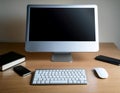 Desktop computer setup, including accessories like keyboard and mouse, representing office work, productivity, and tech Royalty Free Stock Photo