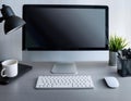 Desktop computer setup, including accessories like keyboard and mouse, representing office work, productivity, and tech Royalty Free Stock Photo
