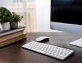 Desktop computer setup, including accessories like keyboard and mouse, representing office work, productivity, and tech Royalty Free Stock Photo