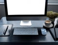 Desktop computer setup, including accessories like keyboard and mouse, representing office work, productivity, and tech Royalty Free Stock Photo