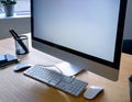 Desktop computer setup, including accessories like keyboard and mouse, representing office work, productivity, and tech Royalty Free Stock Photo