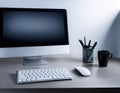 Desktop computer setup, including accessories like keyboard and mouse, representing office work, productivity, and tech Royalty Free Stock Photo