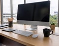 Desktop computer setup, including accessories like keyboard and mouse, representing office work, productivity, and tech Royalty Free Stock Photo