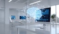 Desktop computer showing hologram of human brain, artificial intelligence concept Royalty Free Stock Photo