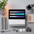 A desktop computer surrounded by customizable creative supplies like pencils and papers2