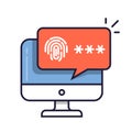 Desktop computer with unlocked via fingerprint password bubble notification. Line cartoon design or pc screen with