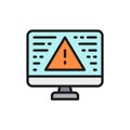 Desktop computer with warning sign, screen error, notification color line icon.