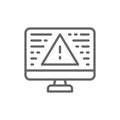 Desktop computer with warning sign, screen error, notification, laptop and exclamation mark line icon.