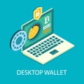 Desktop cryptocurrency wallet, vector isometric illustration. Digital money storage. Online bitcoin crypto coin wallet.