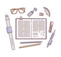 Desktop, diary with notes, automatic pencil, fitness bracelet, flash card, glasses, pencils with a sharpener, leads Royalty Free Stock Photo