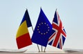 Flags of Romania European Union and United Kingdom of Great Britain Royalty Free Stock Photo