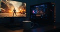 A desktop gaming setup in a dimly lit room. The scene features a monitor