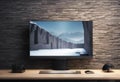 desktop gray desk screen monitor pc brick three dimensional laptop 3d mock rendering background