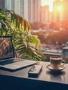 Desktop with laptop, phone, coffee cup and houseplant in front of a window in a big city with morning sunlight. Generative AI Royalty Free Stock Photo