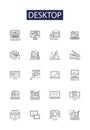 Desktop line vector icons and signs. Desktop, Monitor, CPU, Keyboard, Mouse, Screen, Printer, Tower outline vector
