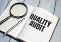 Desktop magnifier, notebook with quality audit sign