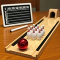 Desktop mini bowling game set with scoreboard and red ball on table isolated on white background Royalty Free Stock Photo