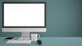 Desktop mockup, template, computer on blue work desk with blank screen, keyboard mouse and notepad with pens and pencils, colored