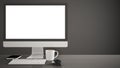 Desktop mockup, template, computer on dark work desk with blank screen, keyboard mouse and notepad with pens and pencils, gray bac