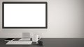 Desktop mockup, template, computer on gray work desk with blank screen, keyboard mouse and notepad with pens and pencils