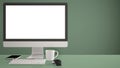 Desktop mockup, template, computer on green work desk with blank screen, keyboard mouse and notepad with pens and pencils, colored