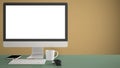 Desktop mockup, template, computer on green work desk with blank screen, keyboard mouse and notepad with pens and pencils, yellow