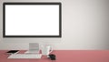 Desktop mockup, template, computer on red pantone colored work desk with blank screen, keyboard mouse and notepad with pens and pe