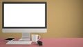 Desktop mockup, template, computer on red work desk with blank screen, keyboard mouse and notepad with pens and pencils, yellow pa