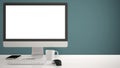 Desktop mockup, template, computer on work desk with blank screen, keyboard mouse and notepad with pens and pencils, blue pantone