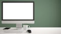 Desktop mockup, template, computer on work desk with blank screen, keyboard mouse and notepad with pens and pencils, green pantone