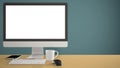 Desktop mockup, template, computer on yellow work desk with blank screen, keyboard mouse and notepad with pens and pencils, blue p