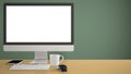 Desktop mockup, template, computer on yellow work desk with blank screen, keyboard mouse and notepad with pens and pencils, green