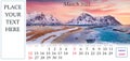 Desktop monthly calendar template with place logo and contact information.