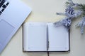 Desktop, new year goal, plan, action text on notepad with office accessories, laptop. Christmas decorations. Wishes and dreams Royalty Free Stock Photo