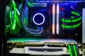 Desktop PC Gaming and liquid cooling cpu with LED RGB light show status on working mode