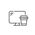 Desktop PC monitor and disposable paper cup with coffee. Pixel perfect, editable stroke icon